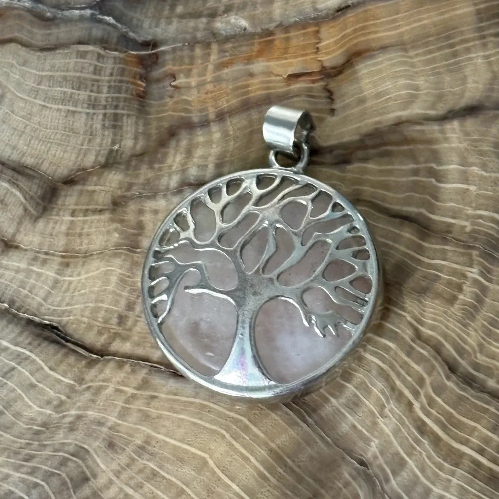 Rose Quartz Silver Tree of Life Pendant Necklace